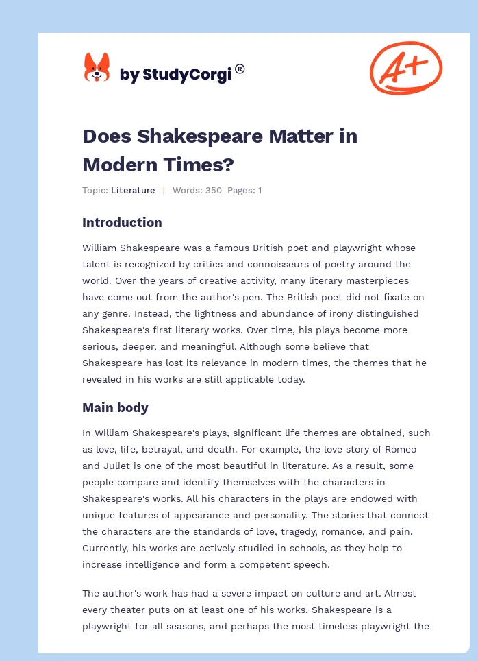 Does Shakespeare Matter in Modern Times?. Page 1