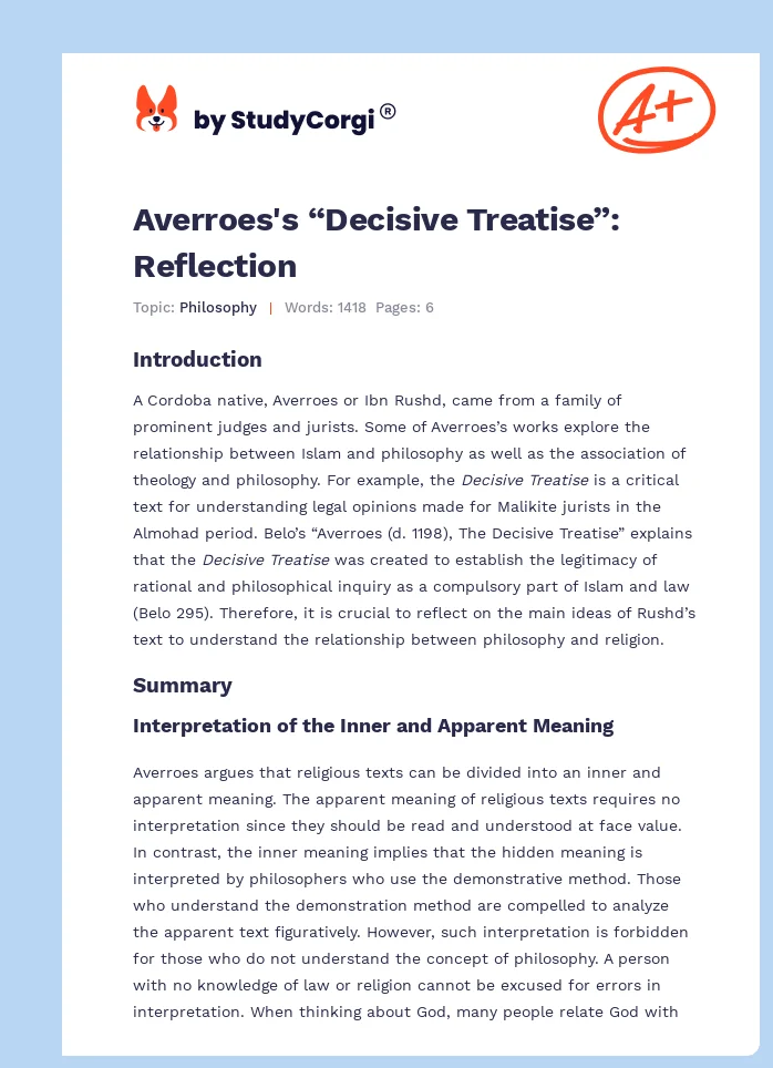 Averroes's “Decisive Treatise”: Reflection. Page 1
