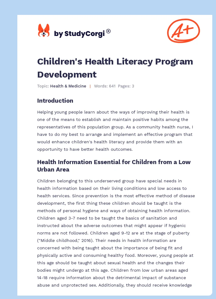 Children's Health Literacy Program Development. Page 1
