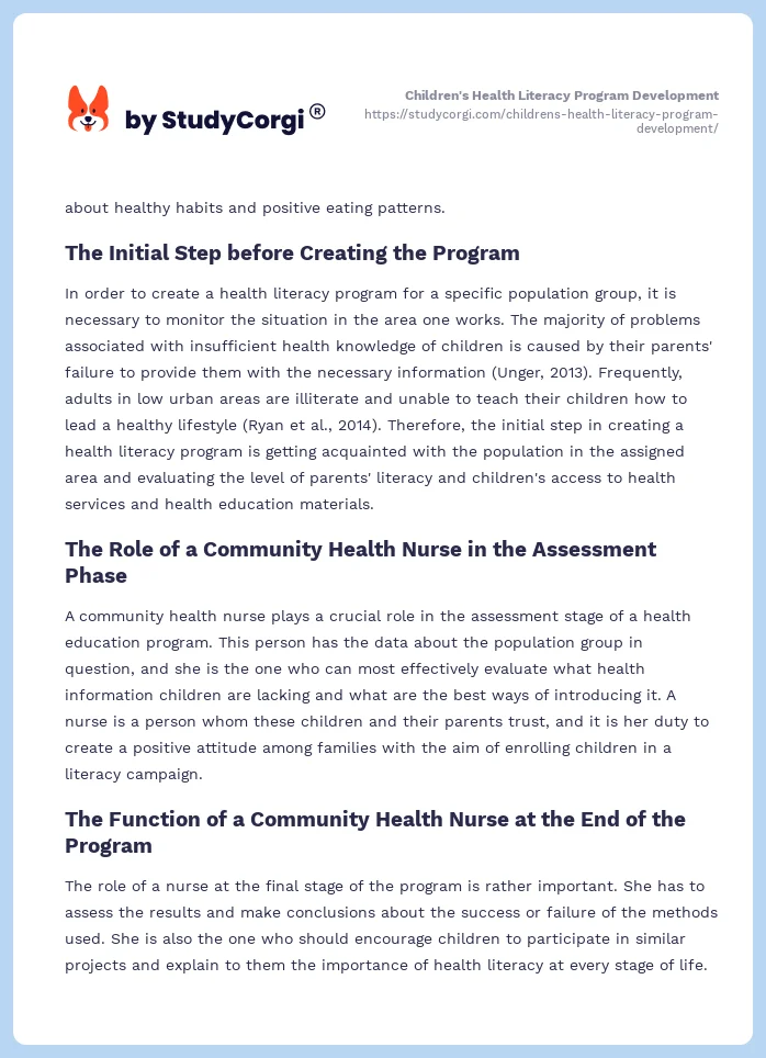 Children's Health Literacy Program Development. Page 2