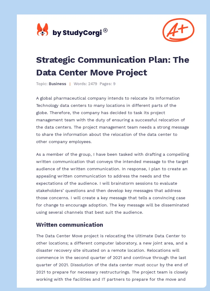 Strategic Communication Plan: The Data Center Move Project. Page 1