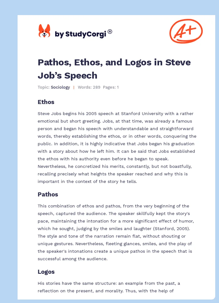 Pathos, Ethos, and Logos in Steve Job’s Speech. Page 1