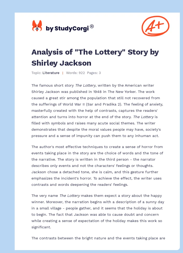 Analysis of "The Lottery" Story by Shirley Jackson. Page 1