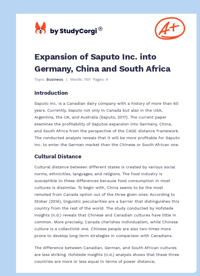 Expansion of Saputo Inc. into Germany, China and South Africa. Page 1