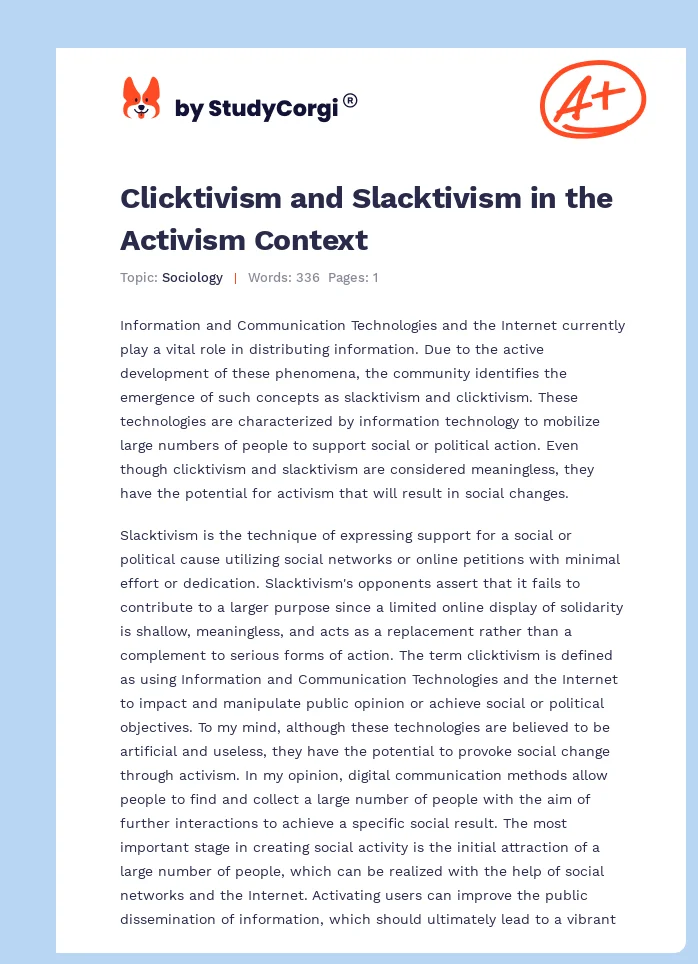Clicktivism and Slacktivism in the Activism Context. Page 1
