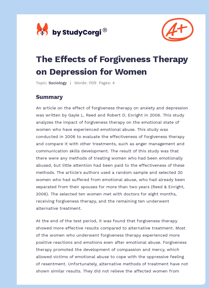 The Effects of Forgiveness Therapy on Depression for Women. Page 1