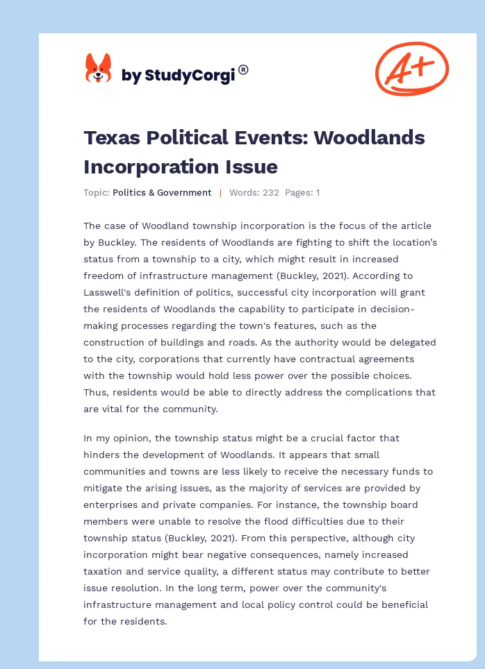 Texas Political Events: Woodlands Incorporation Issue. Page 1
