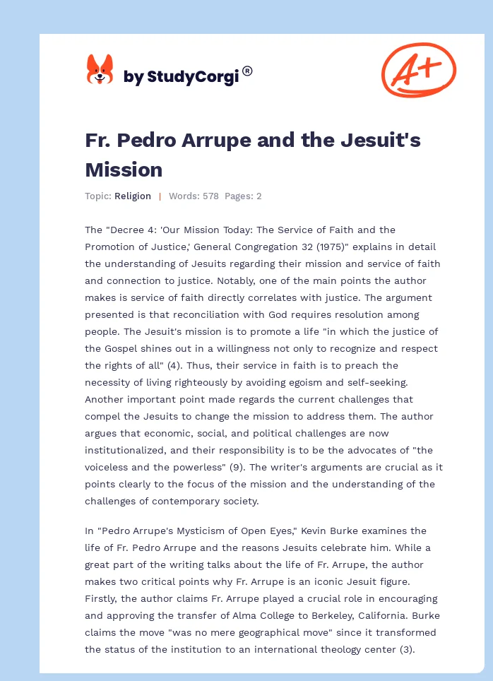 Fr. Pedro Arrupe and the Jesuit's Mission. Page 1