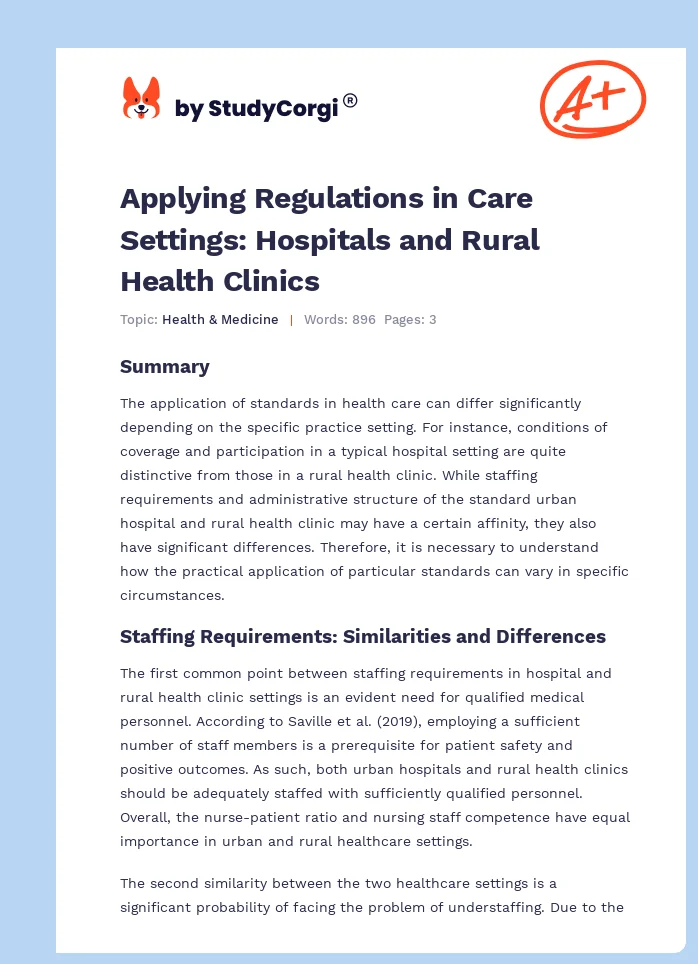 Applying Regulations in Care Settings: Hospitals and Rural Health Clinics. Page 1