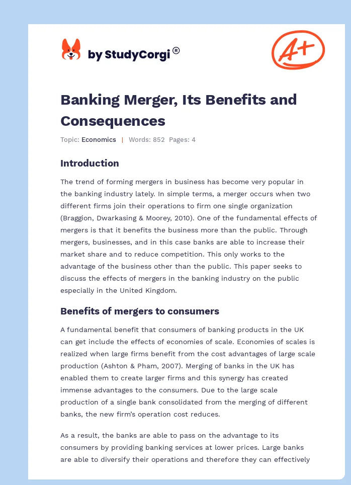 Banking Merger, Its Benefits and Consequences. Page 1