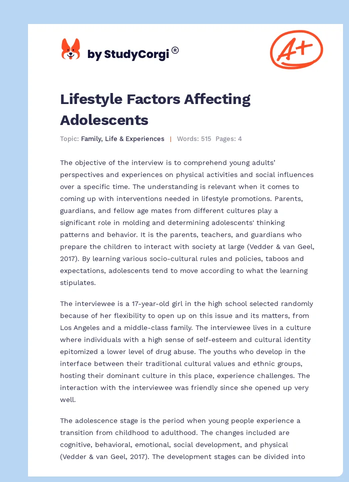 Lifestyle Factors Affecting Adolescents. Page 1