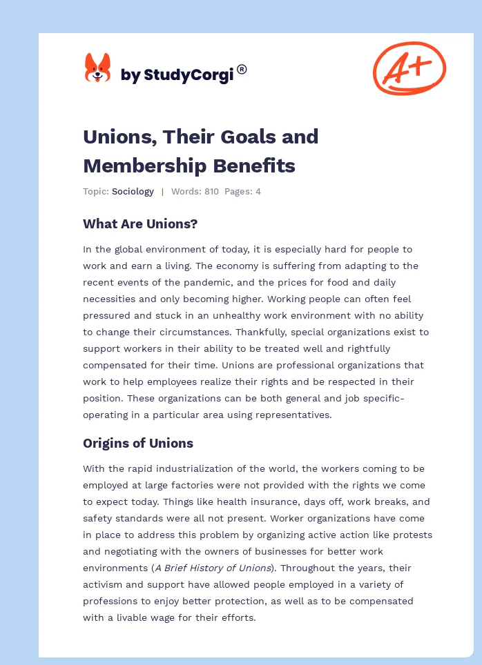 Unions, Their Goals and Membership Benefits. Page 1