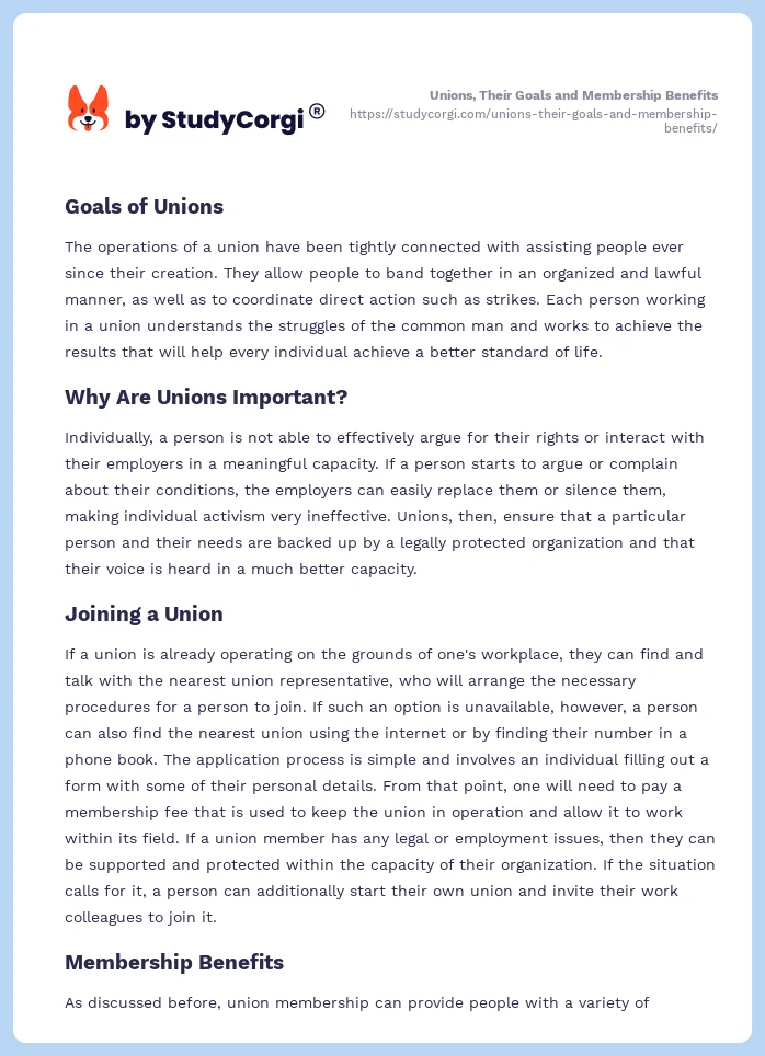 Unions, Their Goals and Membership Benefits. Page 2