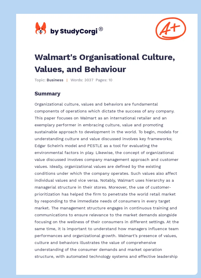 Walmart's Organisational Culture, Values, and Behaviour. Page 1