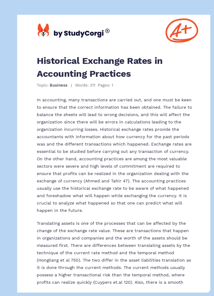 Historical Exchange Rates in Accounting Practices. Page 1
