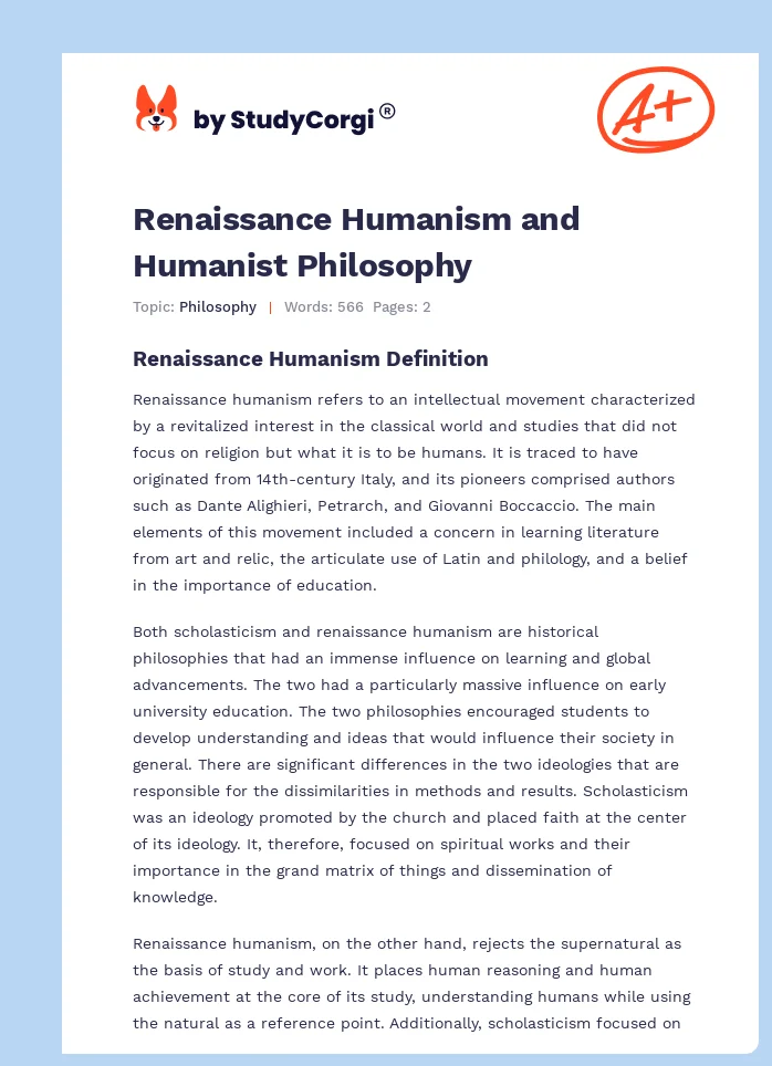 Renaissance Humanism and Humanist Philosophy. Page 1
