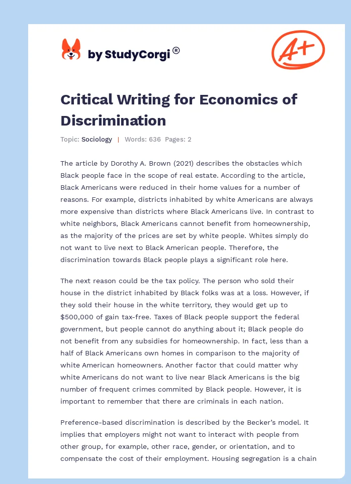 Critical Writing for Economics of Discrimination. Page 1