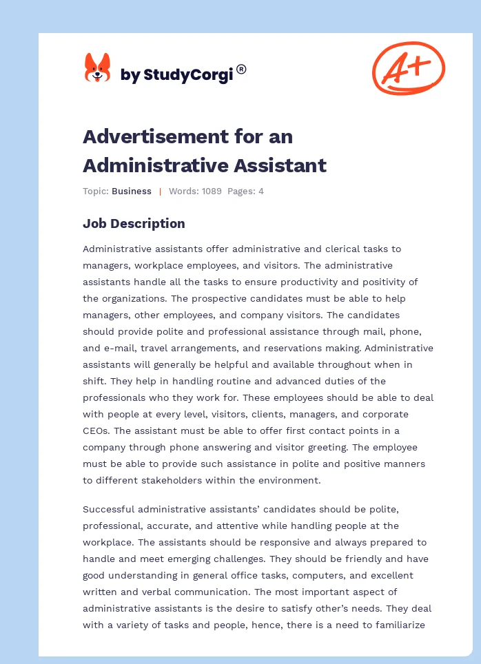 Advertisement for an Administrative Assistant. Page 1