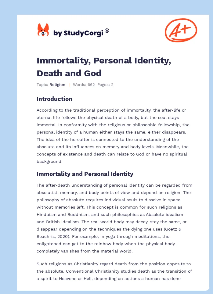 Immortality, Personal Identity, Death and God. Page 1