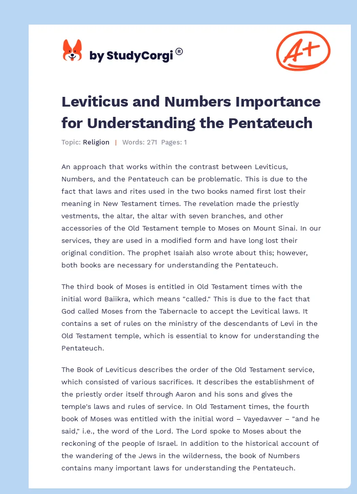 Leviticus and Numbers Importance for Understanding the Pentateuch. Page 1