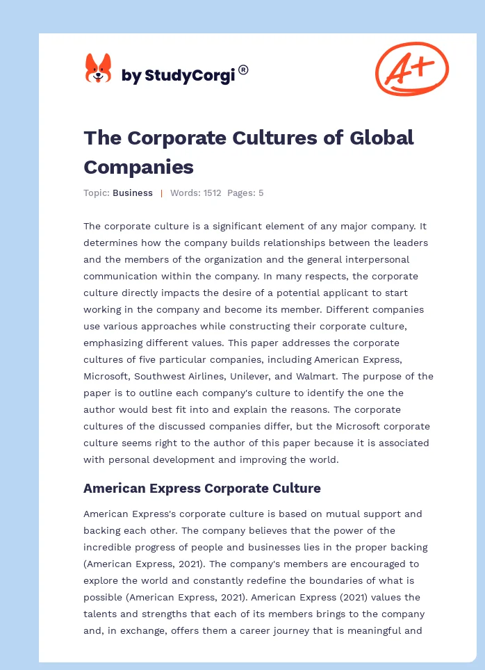The Corporate Cultures of Global Companies. Page 1