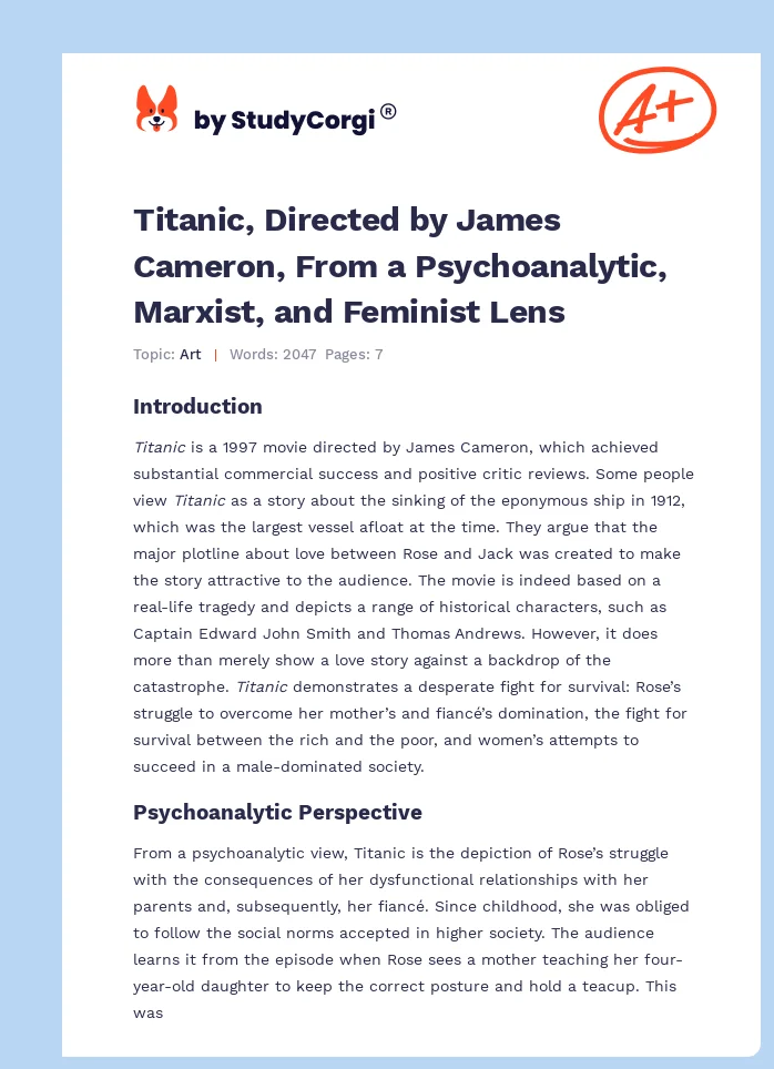 Titanic, Directed by James Cameron, From a Psychoanalytic, Marxist, and Feminist Lens. Page 1