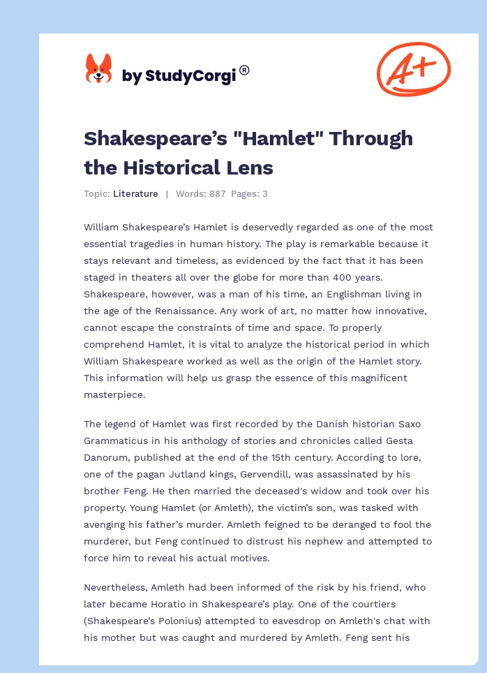 Shakespeare’s "Hamlet" Through the Historical Lens. Page 1
