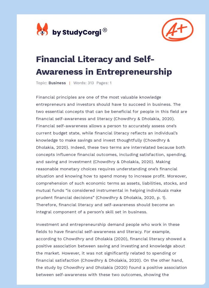 Financial Literacy and Self-Awareness in Entrepreneurship. Page 1