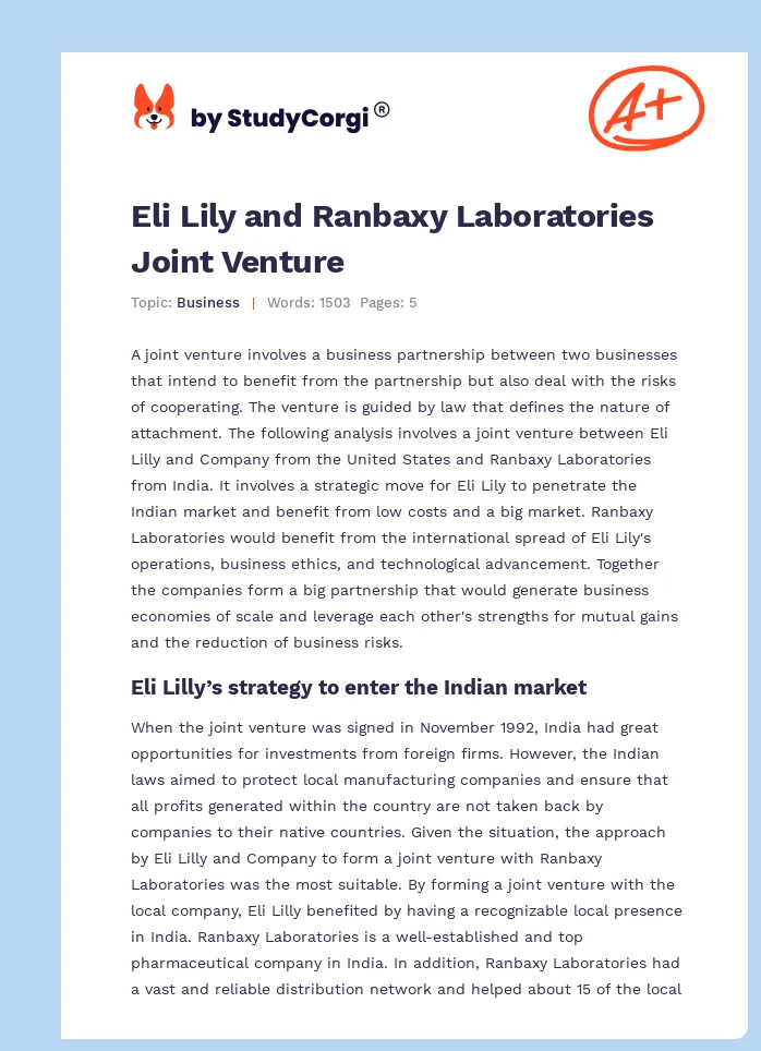 Eli Lily and Ranbaxy Laboratories Joint Venture. Page 1