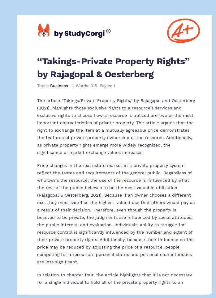 “Takings-Private Property Rights” by Rajagopal & Oesterberg. Page 1