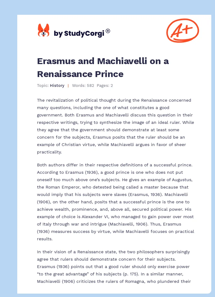 Erasmus and Machiavelli on a Renaissance Prince. Page 1