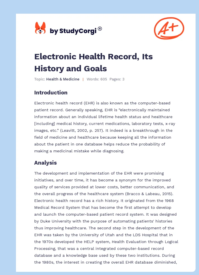 Electronic Health Record, Its History and Goals. Page 1