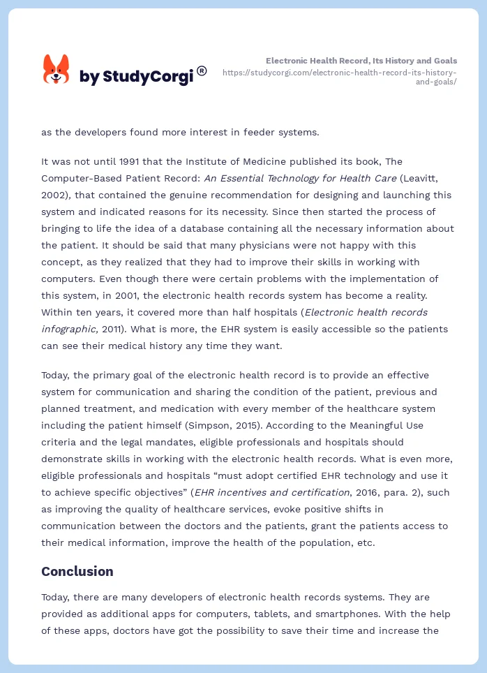 Electronic Health Record, Its History and Goals. Page 2
