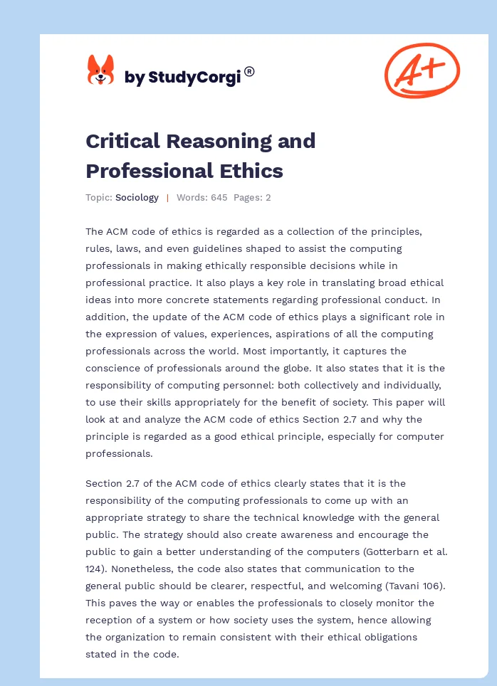 Critical Reasoning and Professional Ethics. Page 1