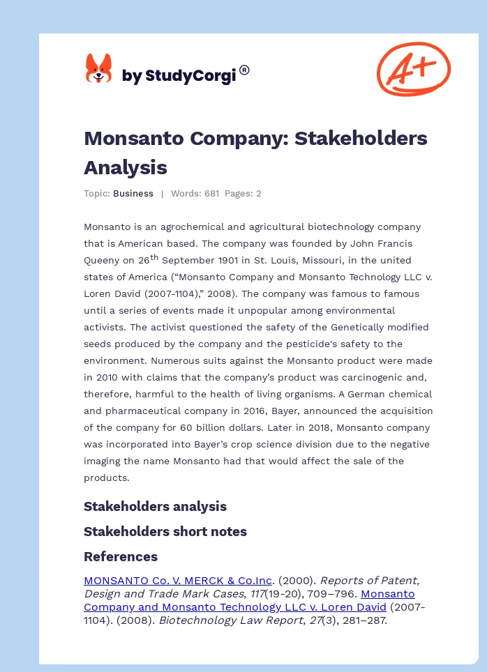 Monsanto Company: Stakeholders Analysis. Page 1