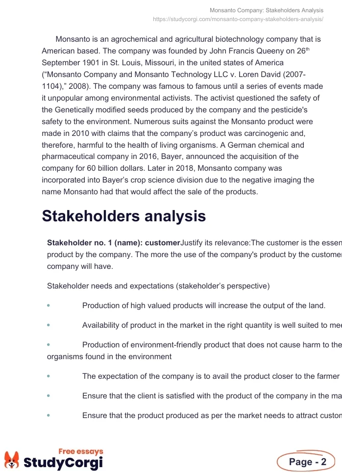 Monsanto Company: Stakeholders Analysis. Page 2