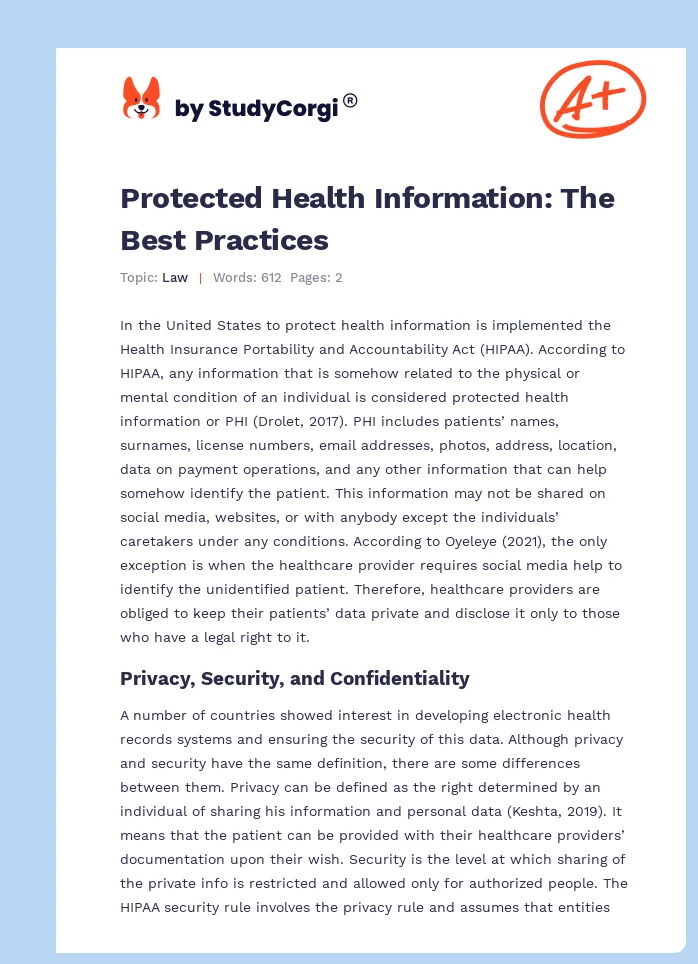 Protected Health Information: The Best Practices. Page 1