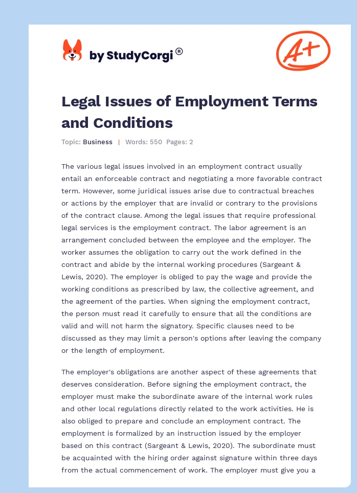 Legal Issues of Employment Terms and Conditions. Page 1