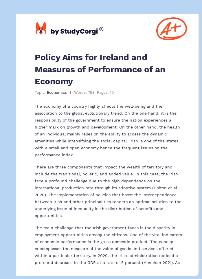 Policy Aims for Ireland and Measures of Performance of an Economy. Page 1