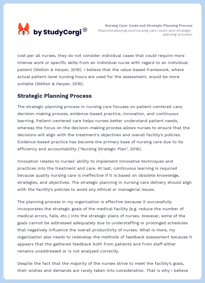 Nursing Care: Costs and Strategic Planning Process. Page 2