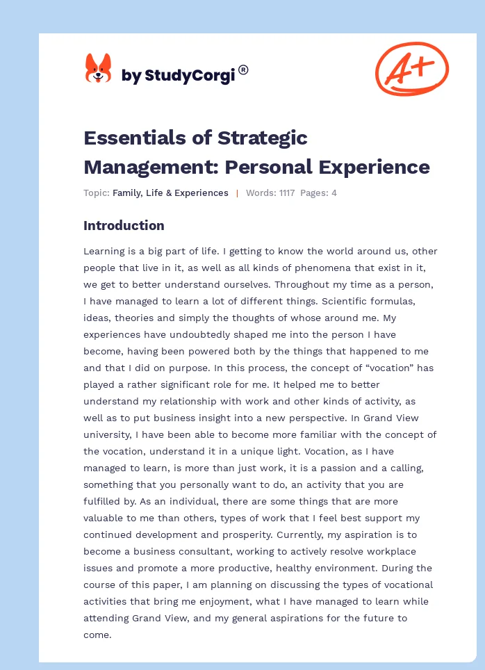 Essentials of Strategic Management: Personal Experience. Page 1