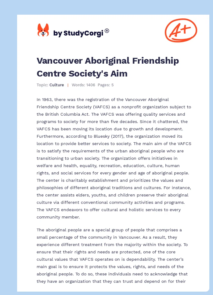 Vancouver Aboriginal Friendship Centre Society's Aim. Page 1