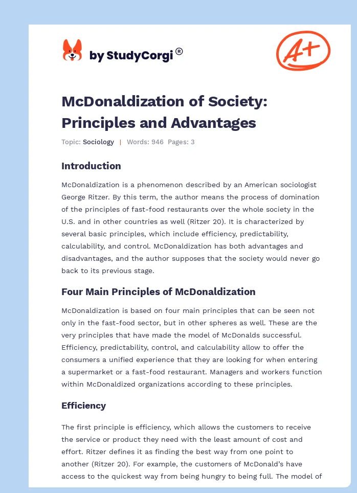 McDonaldization of Society: Principles and Advantages. Page 1