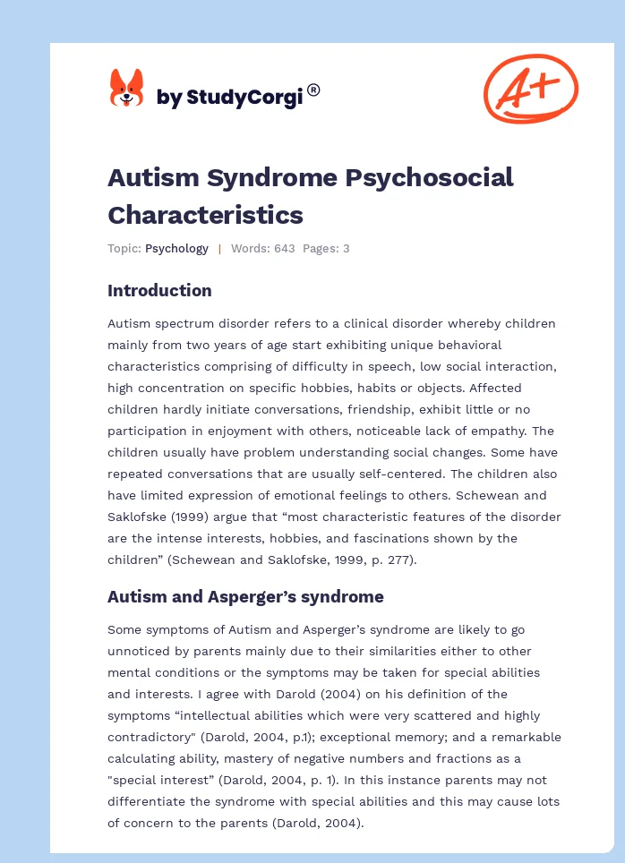 Autism Syndrome Psychosocial Characteristics. Page 1