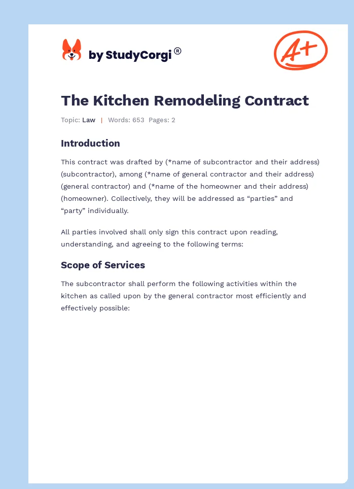 The Kitchen Remodeling Contract. Page 1