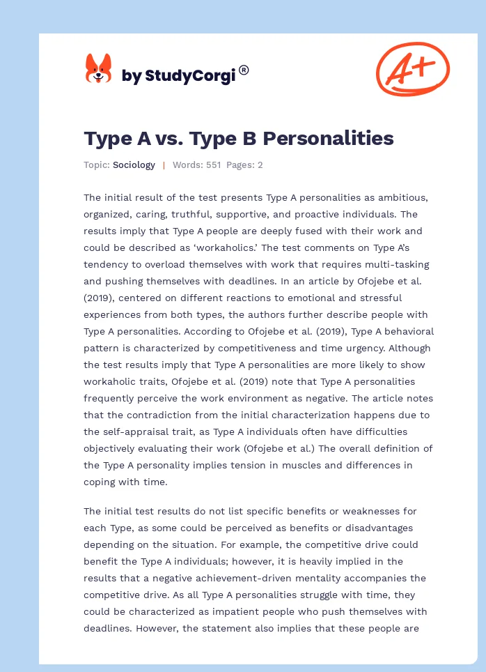 Type A vs. Type B Personalities. Page 1