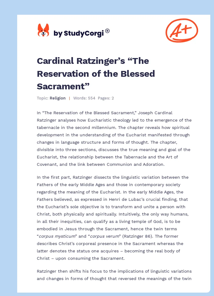 Cardinal Ratzinger’s “The Reservation of the Blessed Sacrament”. Page 1