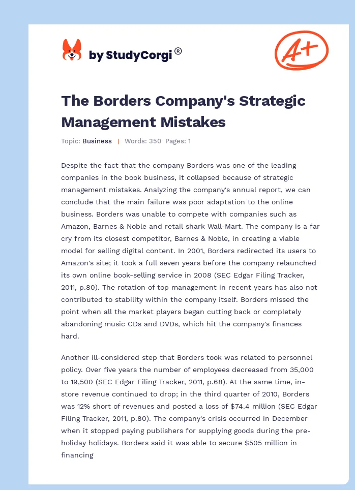 The Borders Company's Strategic Management Mistakes. Page 1
