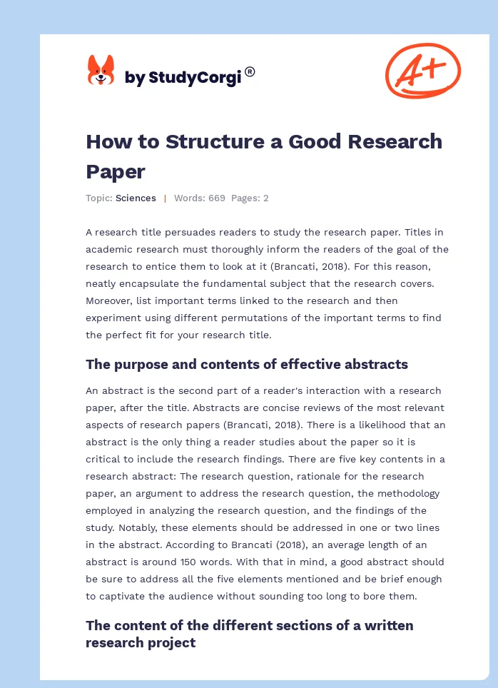 How to Structure a Good Research Paper. Page 1