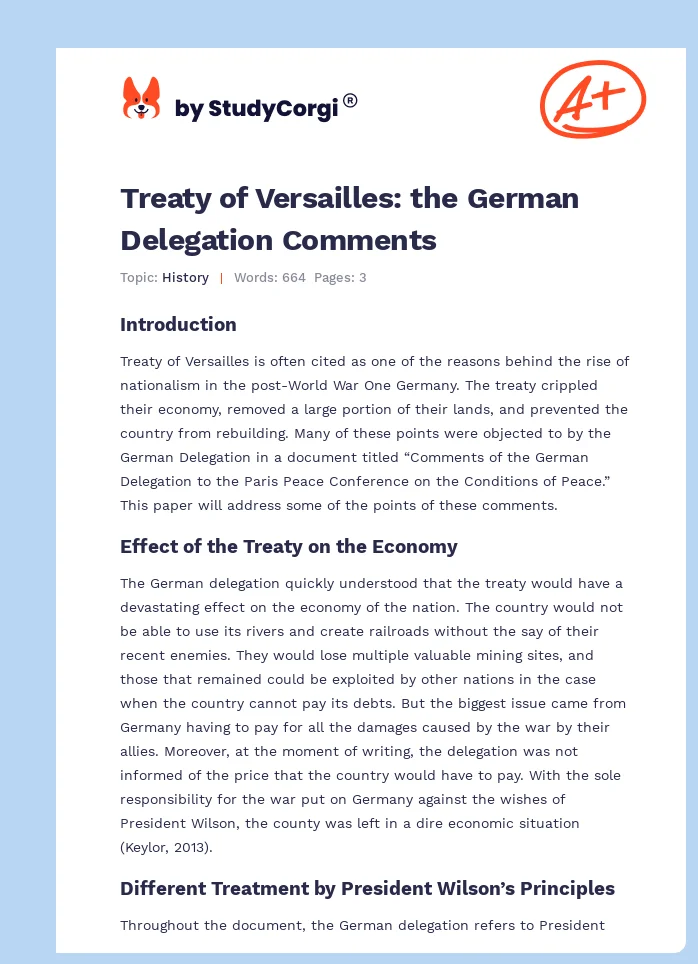 Treaty of Versailles: the German Delegation Comments. Page 1